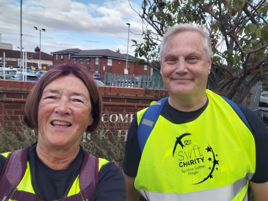 Caro with Dean, leaving the Woodland Grange for her first 6-mile loop