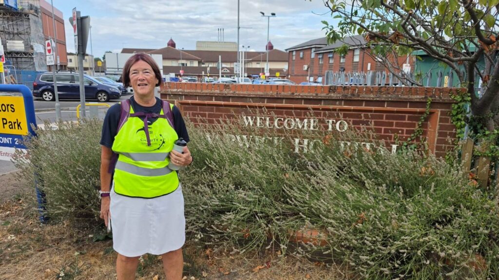 Caroline reaching Warwick Hospital